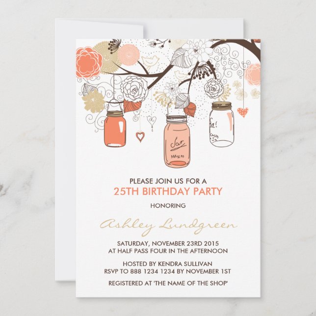 Invitation Peach Mason Jars Floral Anniversaire Fête Invitati (Devant)