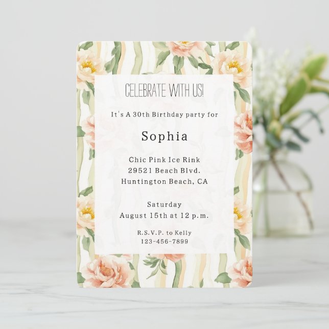 Invitation Peach Mint Roses Floral Stripes Birthday (Debout devant)