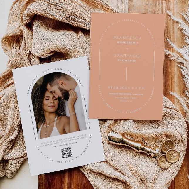 Invitation Peach Modern Arch Code QR Mariage Photo (Créateur téléchargé)