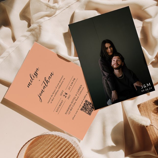 Invitation Peach Modern Photo Script Monogramme Code QR Maria (Créateur téléchargé)