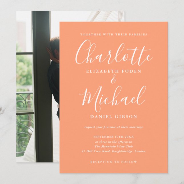 Invitation Peach Modern Signature Script Mariage photo (Devant / Derrière)