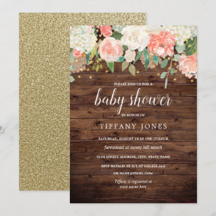 Invitation Peach or Floral Aquarelle Baby shower en bois