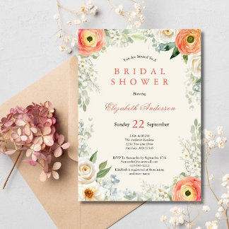 Invitation Peach Orange White Watercolor Floral Bridal Shower