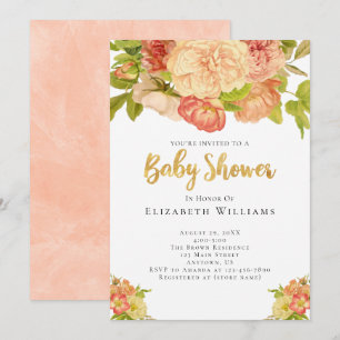 Invitation Peach Peonies Aquarelle Fleurs Fille Baby shower