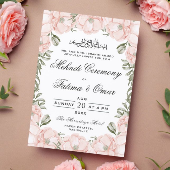 Invitation Peach Peony Floral Frame Islamique Mehndi Cérémoni (Créateur téléchargé)