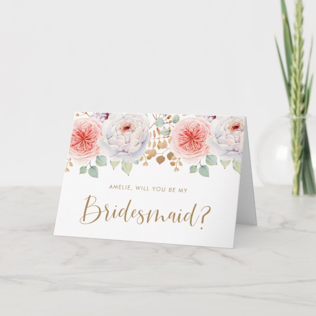 Invitation Peach Peony Gold Feuilles Serez-Vous Ma Femme D'Ac (Devant)