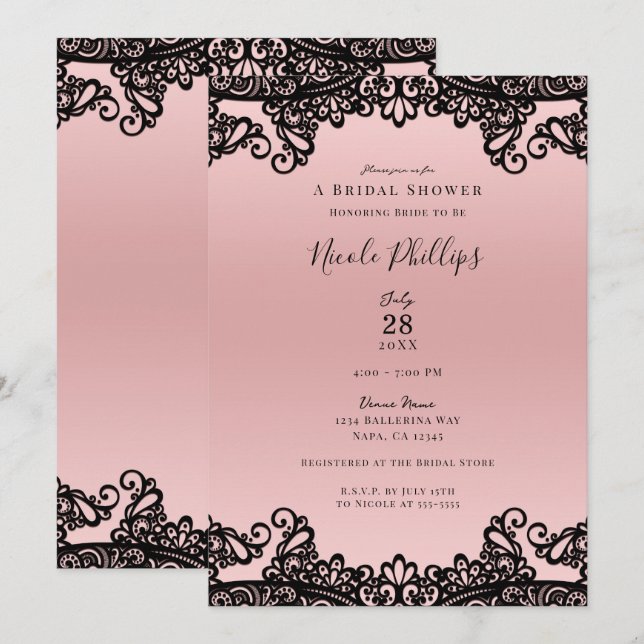 Invitation Peach Pink Black Enk dentelle élégante Fête des ma (Devant / Derrière)