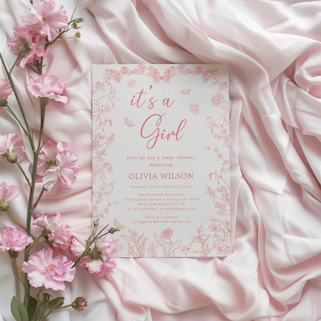 Invitation Peach Pink Chinoiserie 'C'est une fille' Baby show ("Whimsical Peach Pink Garden Chinoiserie 'It's a Girl' Baby Shower Invitation"

)