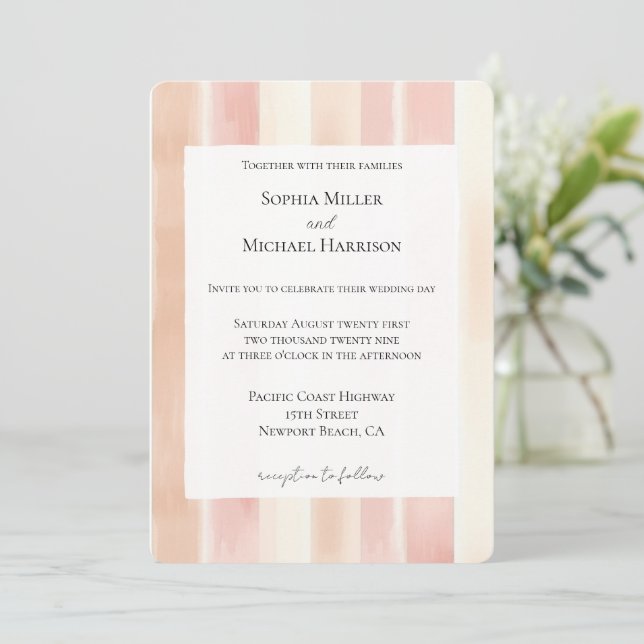 Invitation Peach Pink Cream Stripes Wedding (Debout devant)