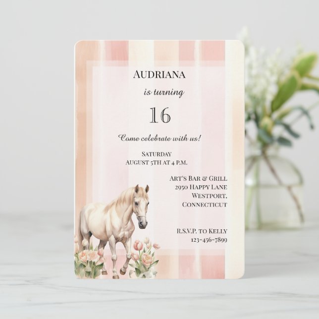 Invitation Peach Pink Crème Stripes Floral Horse Anniversaire (Debout devant)