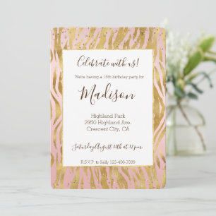 Invitation Peach Pink Gold Glitz Sparkle Zebra Print