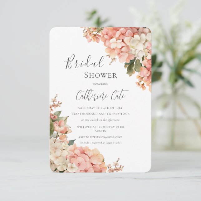 Invitation Peach & Pink Hydrangeas Floral Bridal Shower (Debout devant)