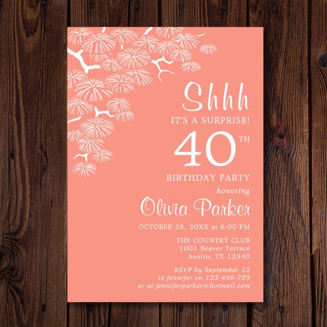Invitation Peach Pink Pine Branch Surprise 40e anniversaire (Créateur téléchargé)