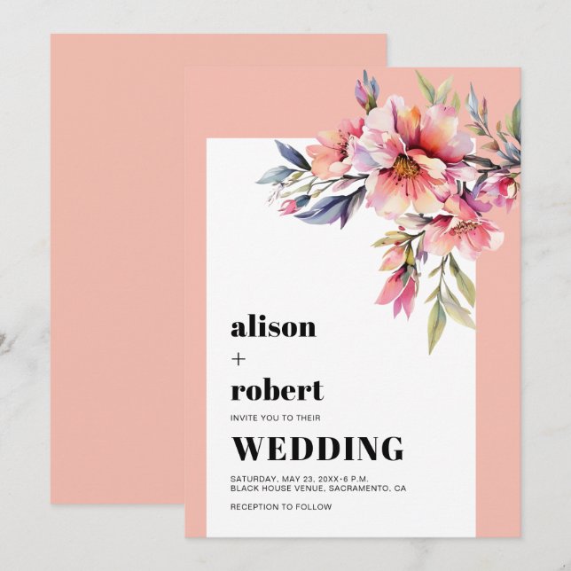 Invitation Peach pink rhododendron flowers sage green wedding (Devant / Derrière)