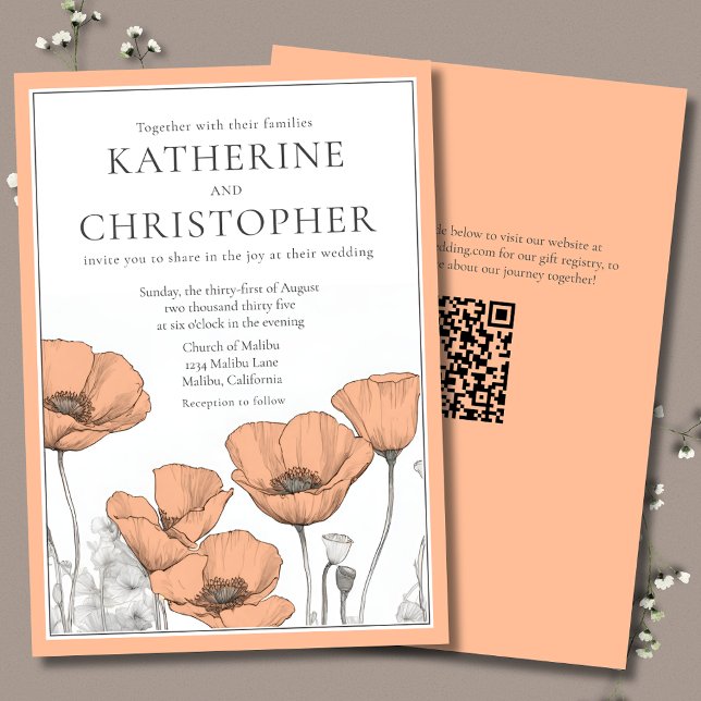 Invitation Peach Poppies Moderne Élégant Mariage Floral (Peach Poppies Modern Floral Wedding Invitation with QR Code for Wedding Website.)