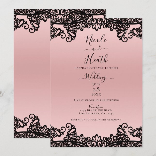 Invitation Peach Rose Black Enk dentelle élégante Mariage (Devant / Derrière)