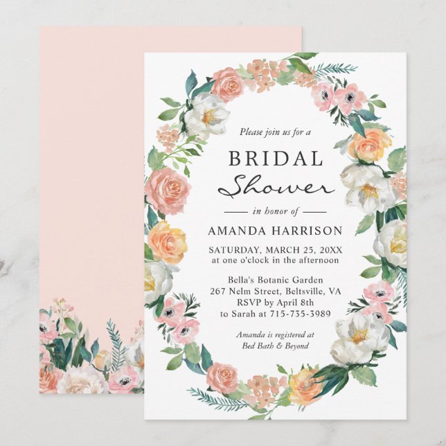 Invitation Peach rose Blanc Vert Floral Fête des mariées (Devant / Derrière)