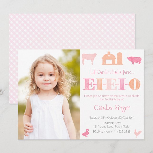 Invitation Peach rose EIEIEIO Pet Zoo Fille fête d'anniversai (Devant / Derrière)