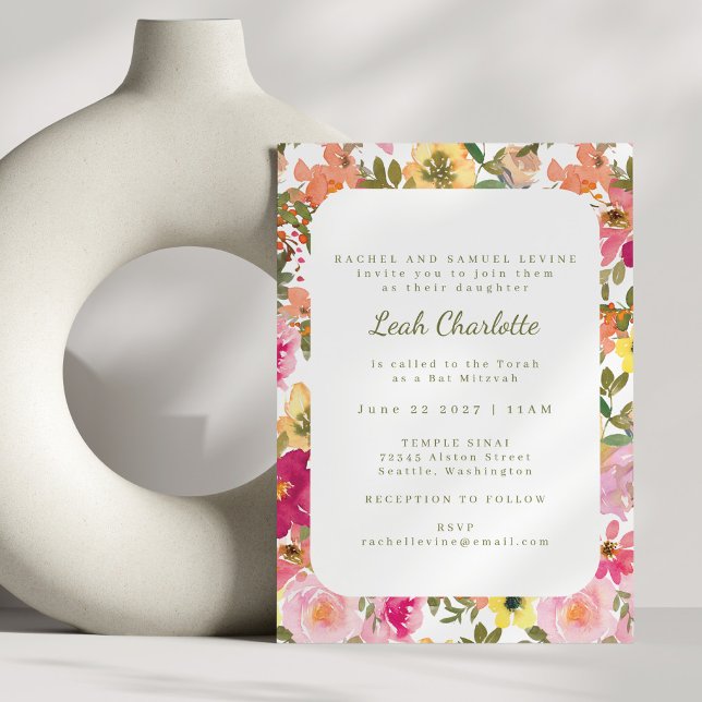 Invitation Peach rose jaune Aquarelle Bat mitzvah Floral (Créateur téléchargé)