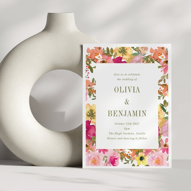 Invitation Peach rose jaune Aquarelle Mariage Floral (Créateur téléchargé)