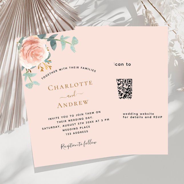 Invitation Peach rose or verdure mariage de luxe QR RSVP (Créateur téléchargé)