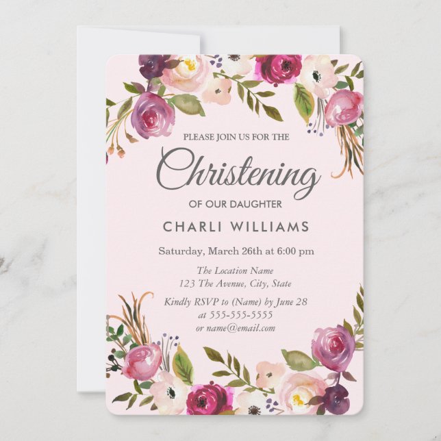 Invitation Peach rose pourpre Floral Girl Christening baptême (Devant)