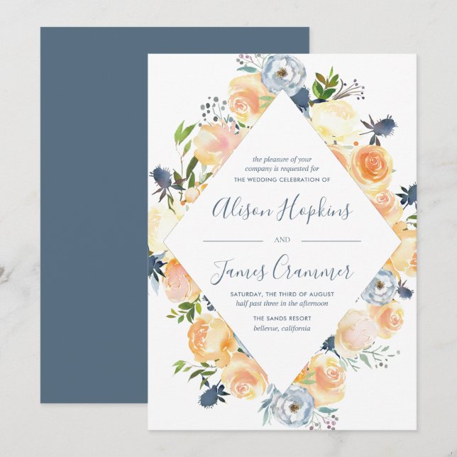 Invitation Peach rustique et White Peony Mariage (Devant / Derrière)