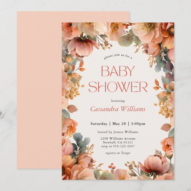 Invitation Peach Sage Floral Baby Shower (Devant / Derrière)