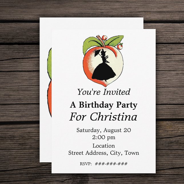 Invitation Peach Silhouette Southern Bell Anniversaire (Silhouette of Southern Belle on a Georgia Peach with leaves on  white Birthday party invitiations.)