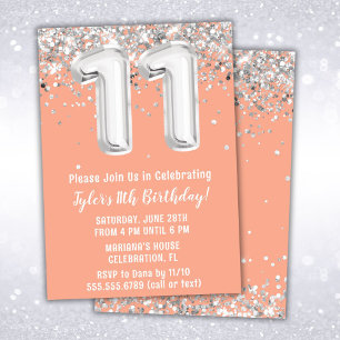 Invitation Peach Silver 11th Birthday Party
