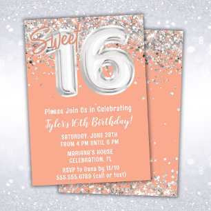 Invitation Peach Silver Sweet 16th Birthday Party
