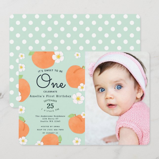 Invitation Peach Sweet to Be One 1st Birthday Photo (Devant / Derrière)