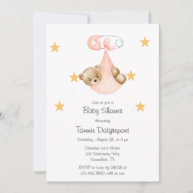 Invitation Peach Teddy Ours Pink Baby shower fille couche (Devant)
