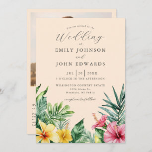 Invitation Peach Tropical Flowers Photo QR Code Mariage