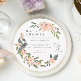 Invitation Peach Watercolor Floral Wreath Bird Baby shower