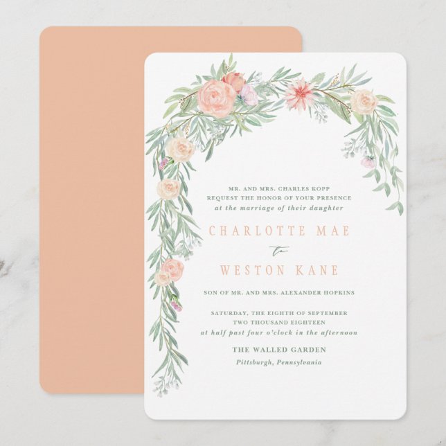 Invitation Peach Watercolor Flower (Devant / Derrière)