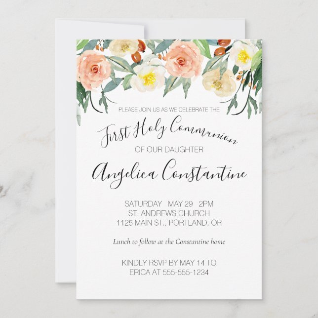 Invitation Peach Watercolor Flowers Première sainte communion (Devant)