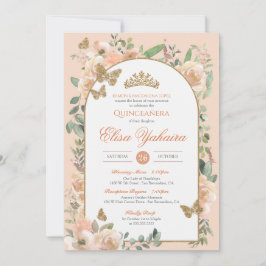 Invitation Peach Watercolor Golden Butterfly Quinceanera