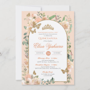 Invitation Peach Watercolor Golden Butterfly Quinceanera