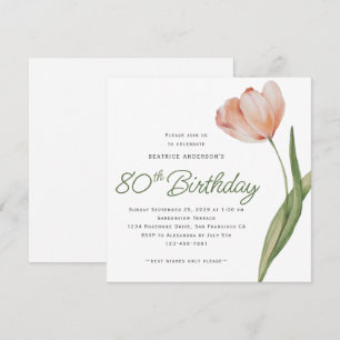 Invitation Peach Watercolor moderne Floral 80e fête d'anniver