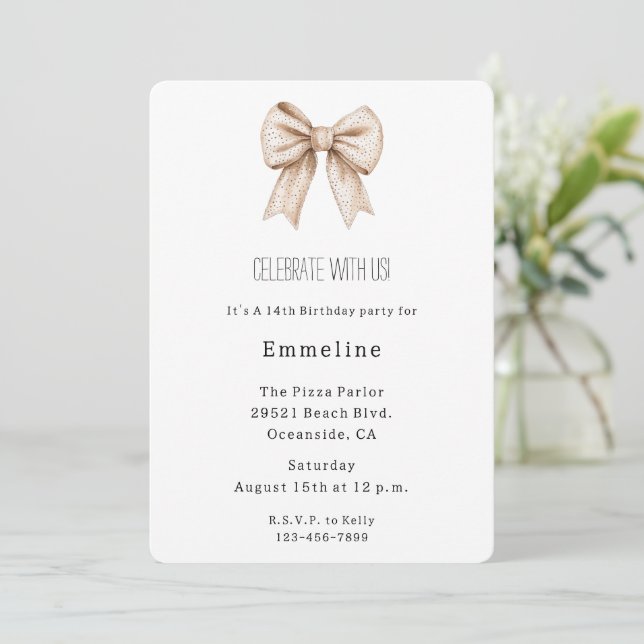 Invitation Peach White Bow Anniversaire (Debout devant)