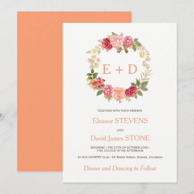 Invitation Peacht or rose rose couronne mariage monogramme (Devant / Derrière)