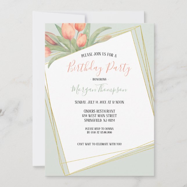 Invitation Peacht rose & Mint Spring Tulips fête d'anniversai (Devant)