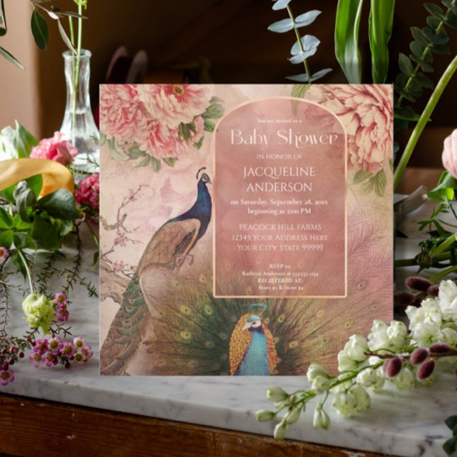 Invitation Peacock Arch Blush Peony Baby shower (Créateur téléchargé)