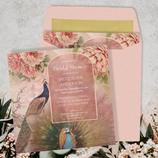 Invitation Peacock Arch Blush Peony Fête des mariées rose (Créateur téléchargé)