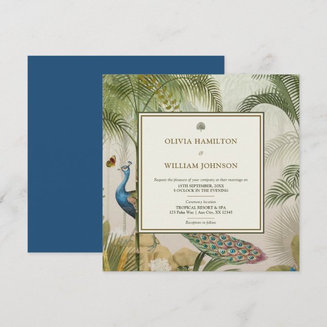 Invitation Peacock Blue Carré Tropical Peacock Palm Mariage (Devant / Derrière)