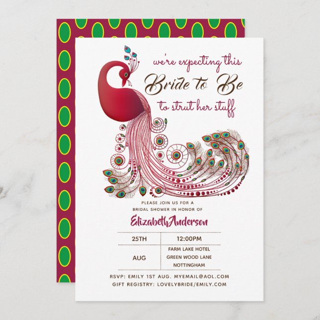 Invitation Peacock Bride 2 Be Struts Her Stuff Fête des marié (Devant / Derrière)