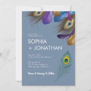 Invitation Peacock Feather Dusty Blue Mariage moderne chic