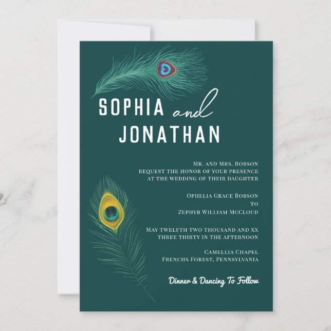 Invitation Peacock Feather Emerald Green Mariage moderne chic (Devant)