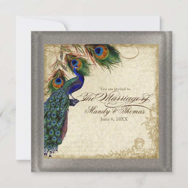 Invitation Peacock & Feather Mariage formel Inviter Argent (Devant)